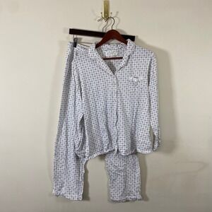 Eileen West Pajama Set Womens M Blue White Floral Long Sleeve Sleepwear Lace